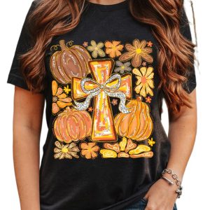 Women's Black Thanksgiving Pray Cross Pumpkin Graphic Tee - Casual Floral Design - Main View
