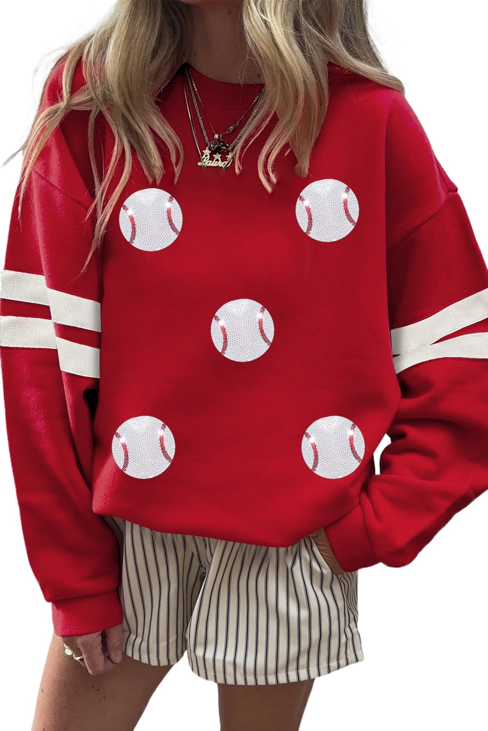 Casual Fiery Red Long Sleeve Sweatshirt with Sequin Details and Baseball Patch - Detail View 2