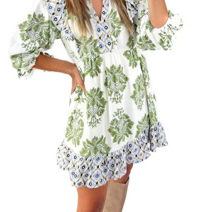 Women's Green Floral Print Mini Dress – Bohemian Style with Ruffle Detail for Summer Fun