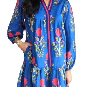 Women's Sky Blue Floral Print Long Sleeve Dress with Contrast Striped Trim - Main View