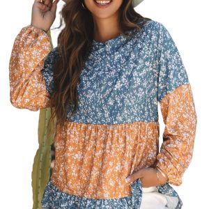 Women's Orange Floral Color Block Patchwork Ruffled Hem Round Neck Blouse - Stylish Southern Belle Design - Main View