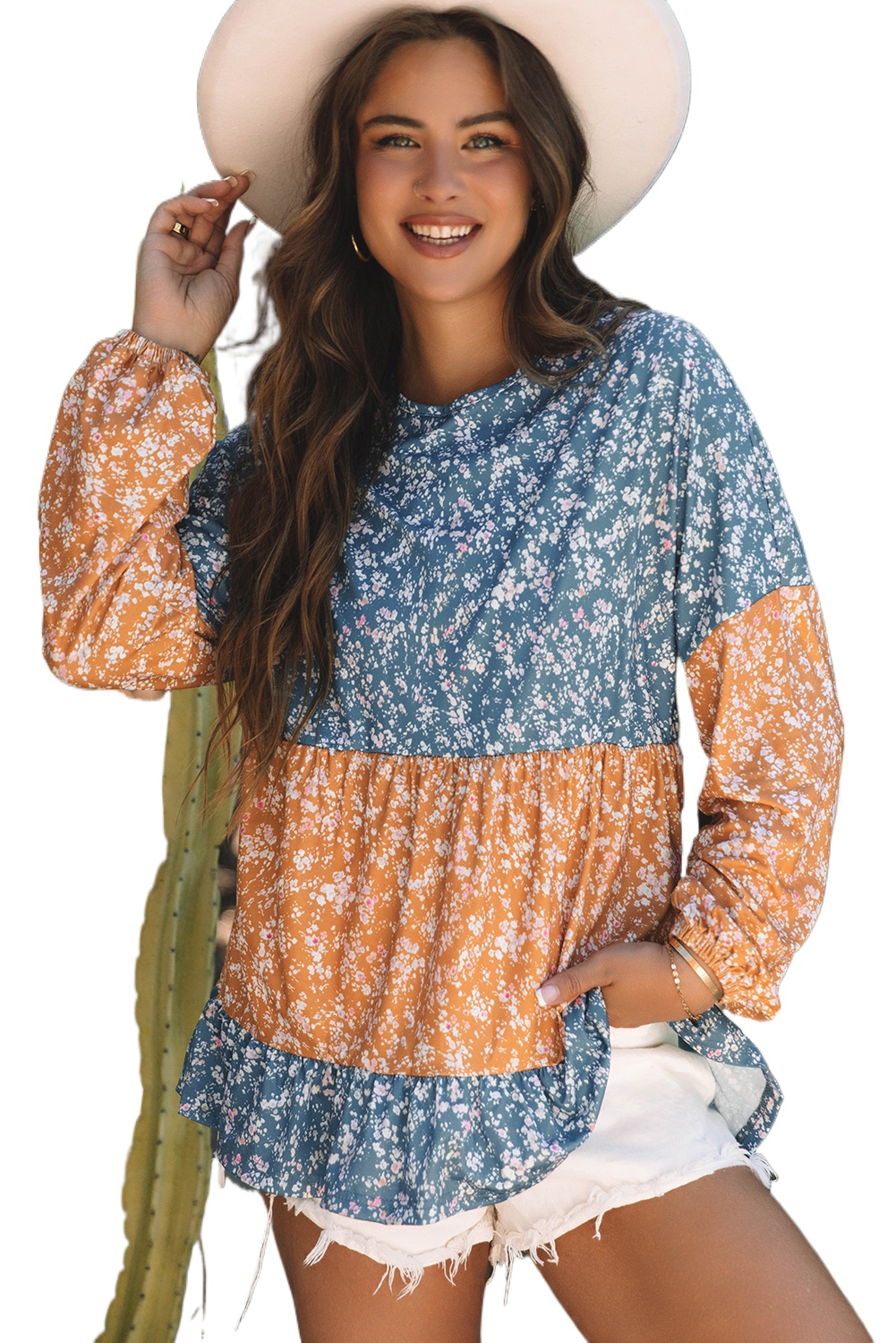 Women's Orange Floral Color Block Patchwork Ruffled Hem Round Neck Blouse - Stylish Southern Belle Design - Main View