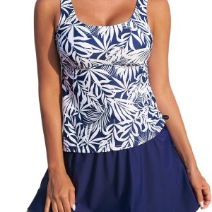 Women's Blue Scoop Neck Tankini with Adjustable Skort - Ideal for Summer Beach Vacations