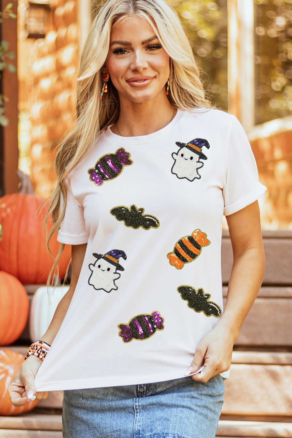 Custom White Sequined Halloween Spirit Pattern Casual Tee for Women - Detail View 9