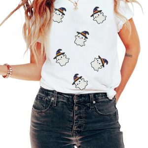 Women's White Halloween Ghost Witch Sequin Patched Casual T-Shirt - Main View