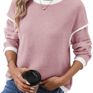 Women's Light Pink Contrast Trim Knit Drop Shoulder Loose Top - Casual Long Sleeve - Main View