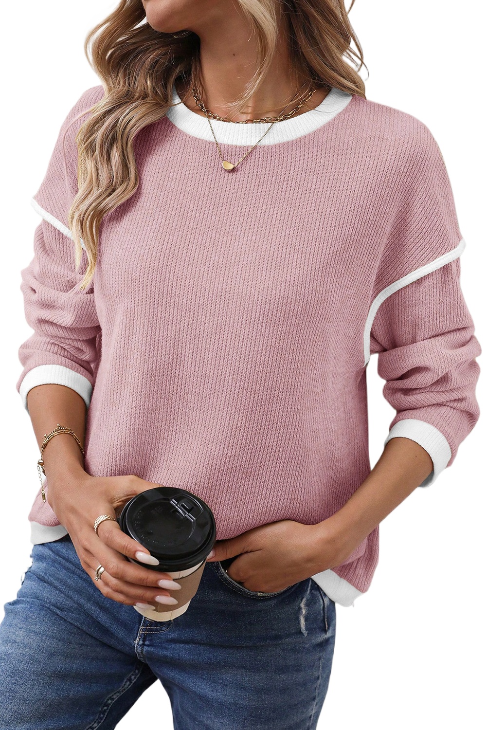 Women's Light Pink Contrast Trim Knit Drop Shoulder Loose Top - Casual Long Sleeve - Main View