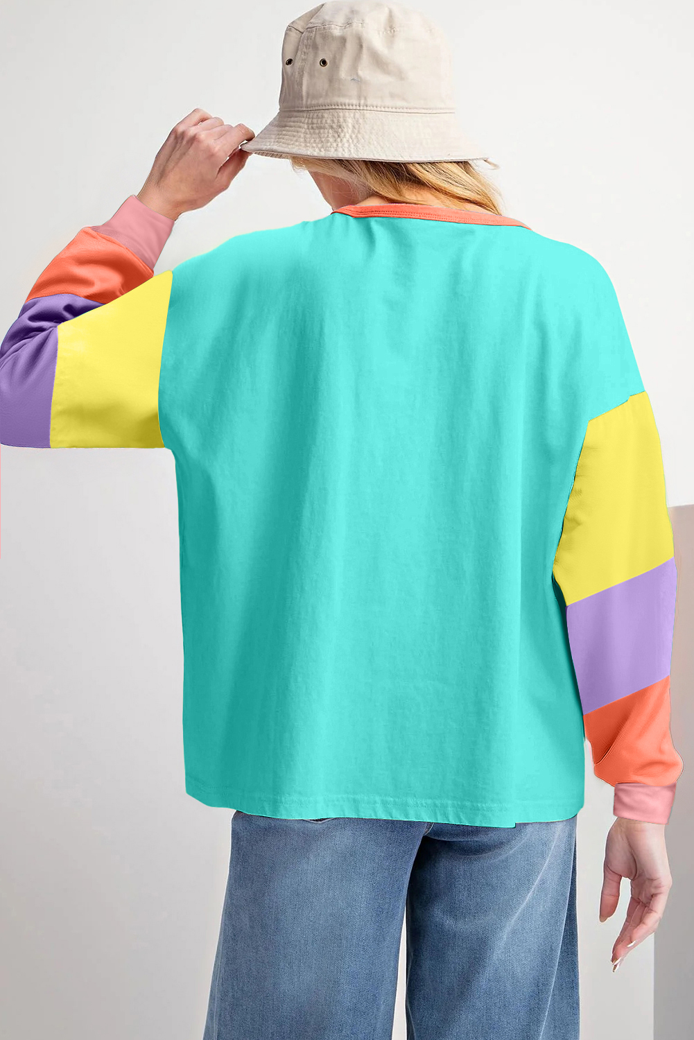 Comfortable Loose-Fit Round Neck Top for Daily Wear - Light Blue & Green - Detail View 11