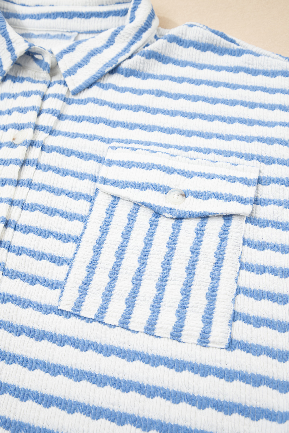 Women's Sky Blue Stripe Half Button Collared Blouse with Chest Pockets - Detail View 9