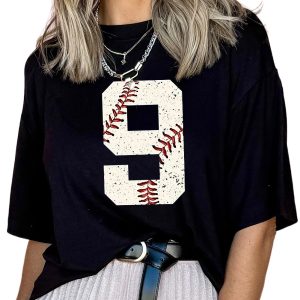 Men's Oversized Black Distressed Baseball Pattern Tee - Number 9 - Main View