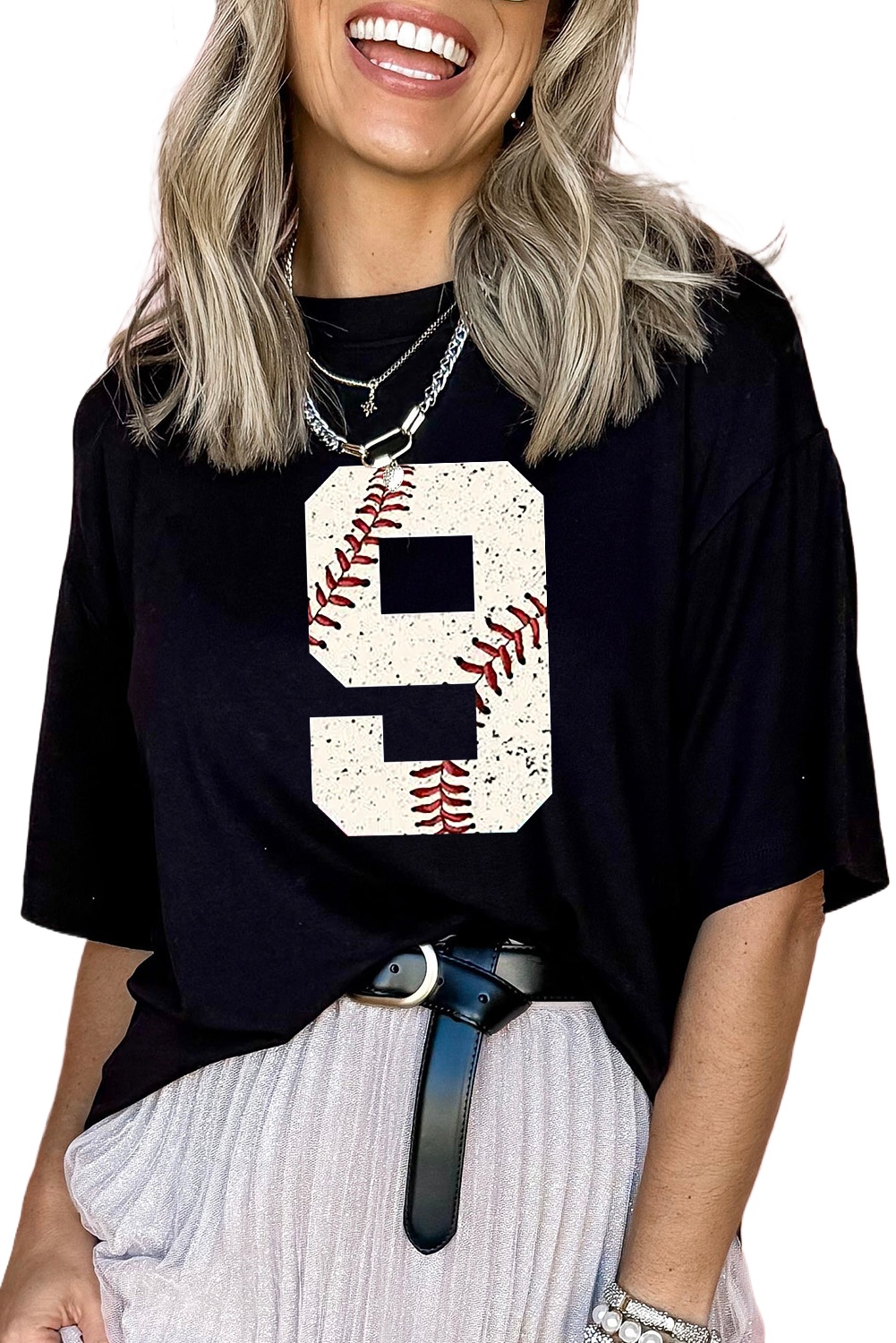 Men's Oversized Black Distressed Baseball Pattern Tee - Number 9 - Main View