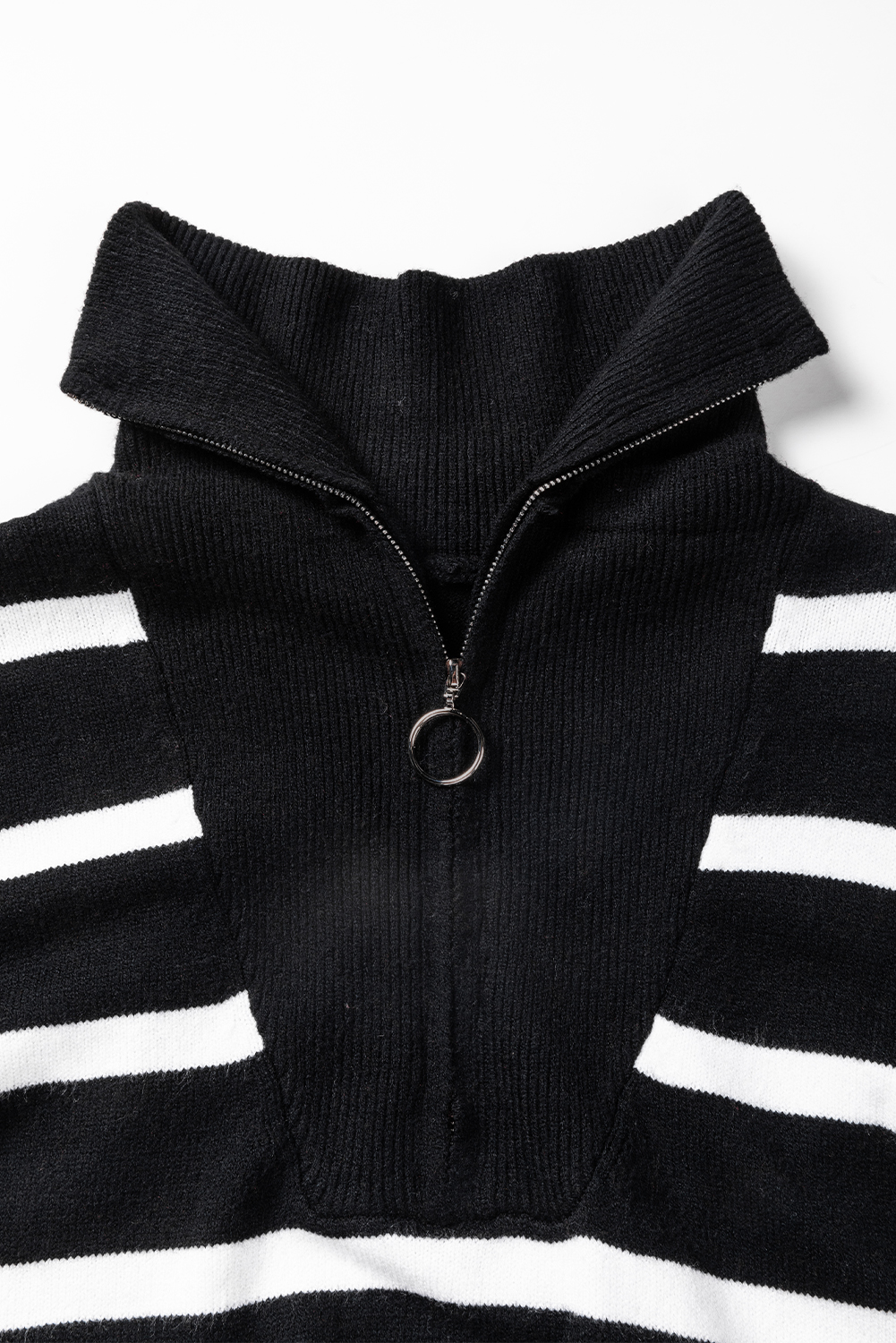 Casual V Neck Long Sleeve Mini Dress with Zipper Detail - Black Striped Design - Detail View 18
