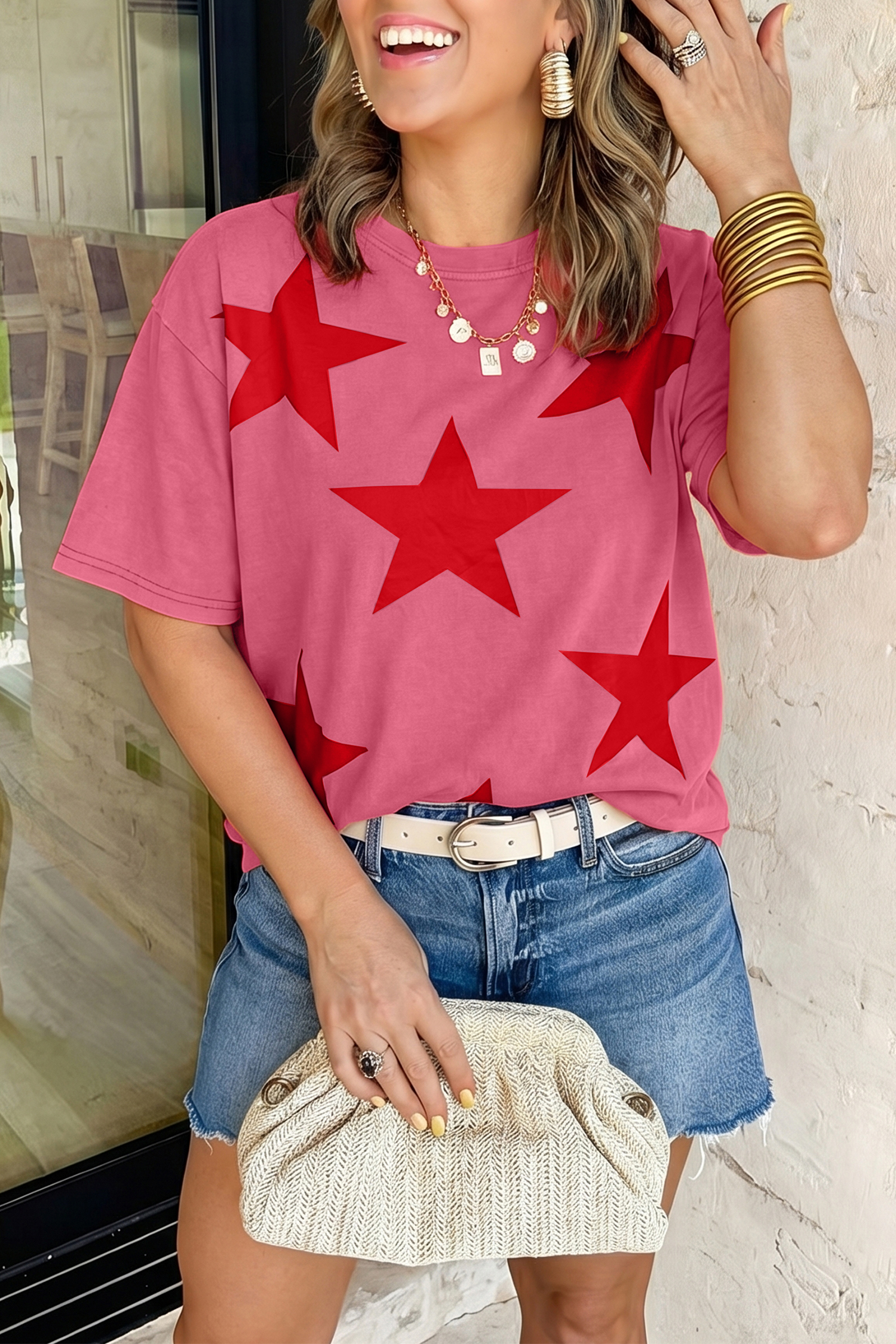 Casual Women's Star Printed Short Sleeve Top – Red Mineral Wash Round Neck Summer Shirt - Detail View 5