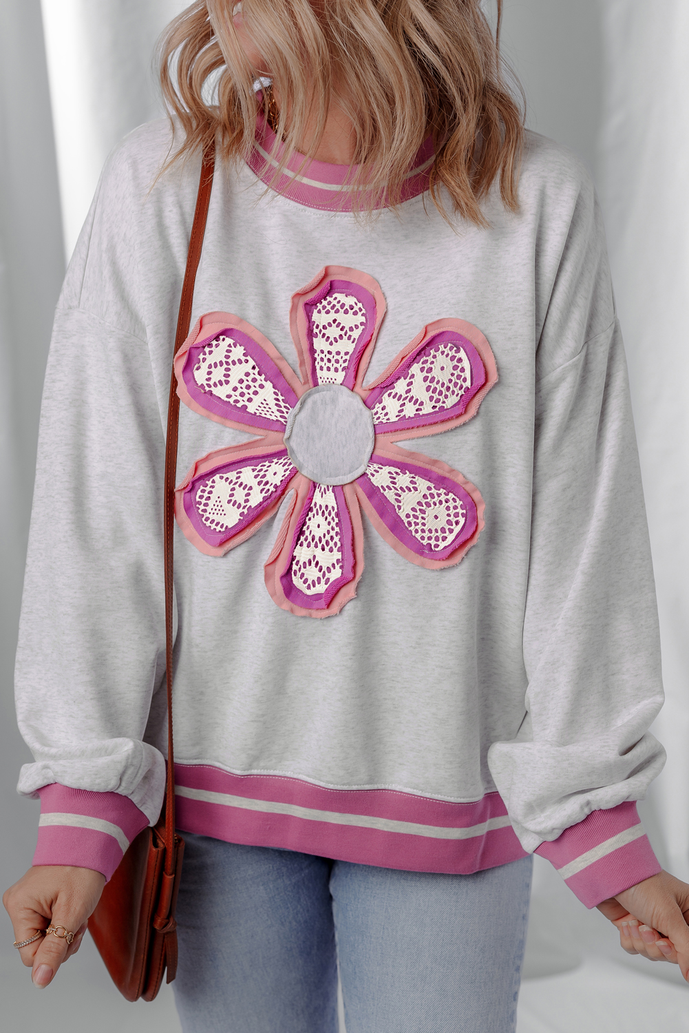 Women's Sweatshirt, Gray, Flower Patch, Contrast Trim, Crew Neck, Long Sleeve, Casual Style, Fall Fashion, Daily Wear, Floral Design, Comfortable, Shift Silhouette, Western Style, Colorblock Decoration - Detail View 12