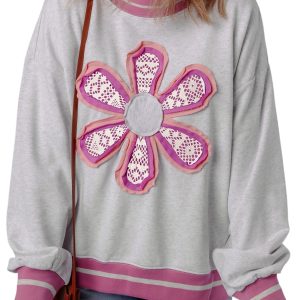Women's Gray Flower Patch Contrast Trim Crew Neck Sweatshirt - Casual Fall Apparel - Main View