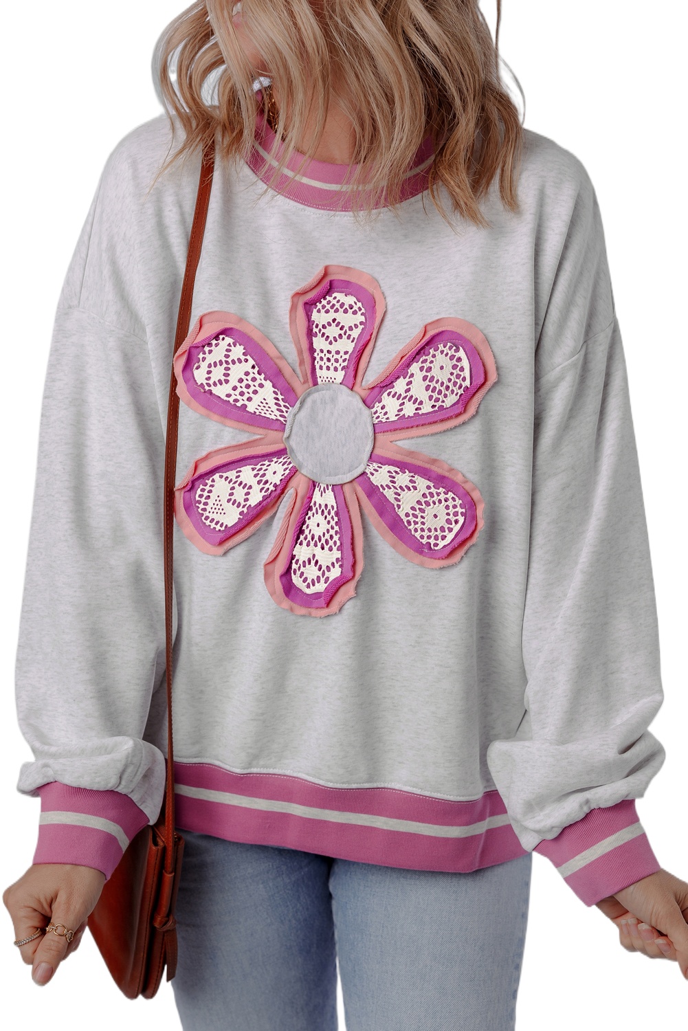 Women's Gray Flower Patch Contrast Trim Crew Neck Sweatshirt - Casual Fall Apparel - Main View