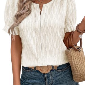 Chic White Textured Puff Sleeve Blouse for Women – Stylish Casual Office Top