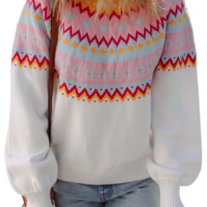Women's Vintage White Ethnic Geometric Colorblock Print Drop Shoulder Sweater - Main View