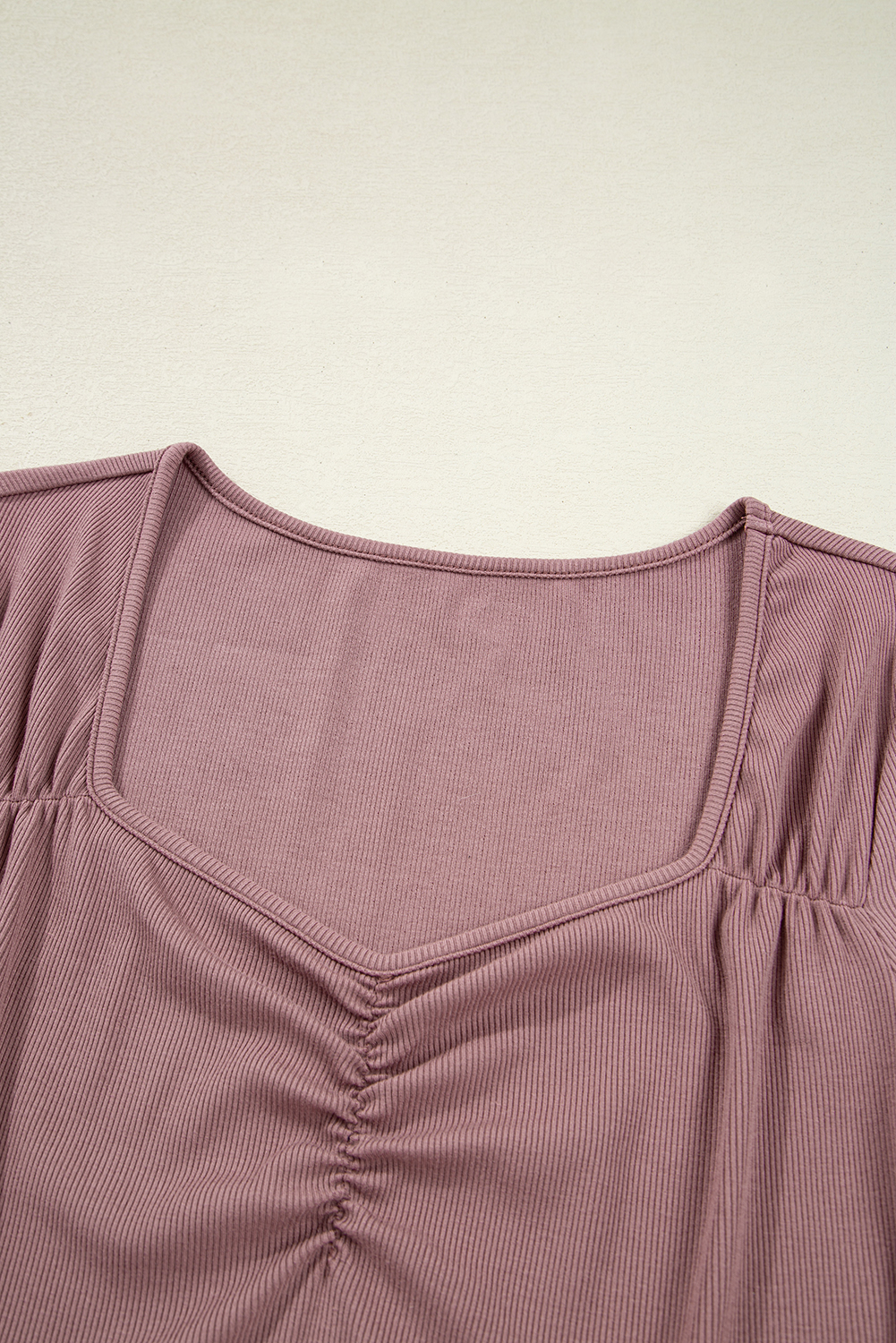 Women's Top, Old Rose, Gathered Bust, Square Neck, Long Sleeve, Ribbed Fabric, Casual Style, Solid Color, Daily Wear, Beachwear, Vacation Outfit, Outdoor Fashion, Date Night, Back to School, Autumn Fashion - Detail View 8