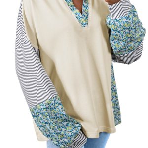 Women's Beige Floral Striped Drop Sleeve Collared Boxy Fit Sweatshirt - Main View