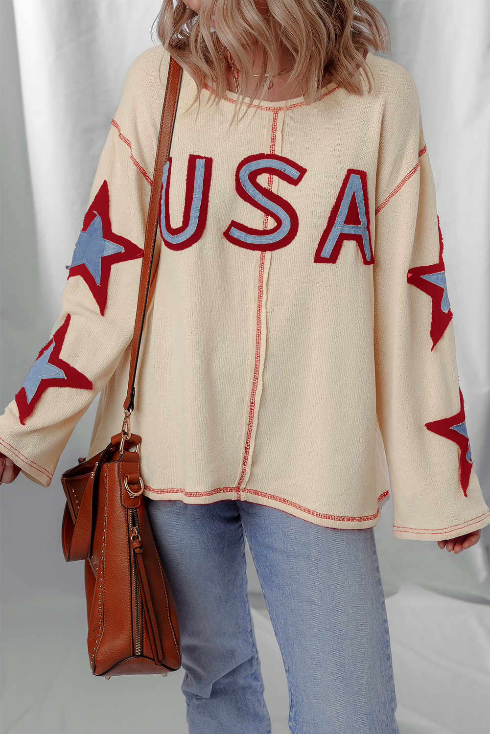 Chic Casual Top for Women: Beige Patchwork Design with USA Graphic and Exposed Seams - Detail View 2