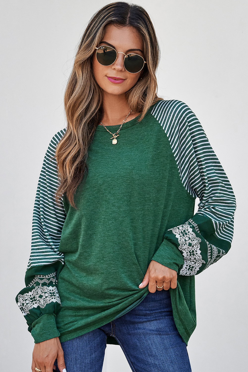 Stylish Long Sleeve Raglan Top in Blackish Green with Contrast Stripes - Detail View 6