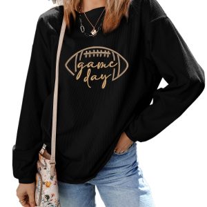 Women's Black Rugby Game Day Embroidered Corduroy Sweatshirt - Main View