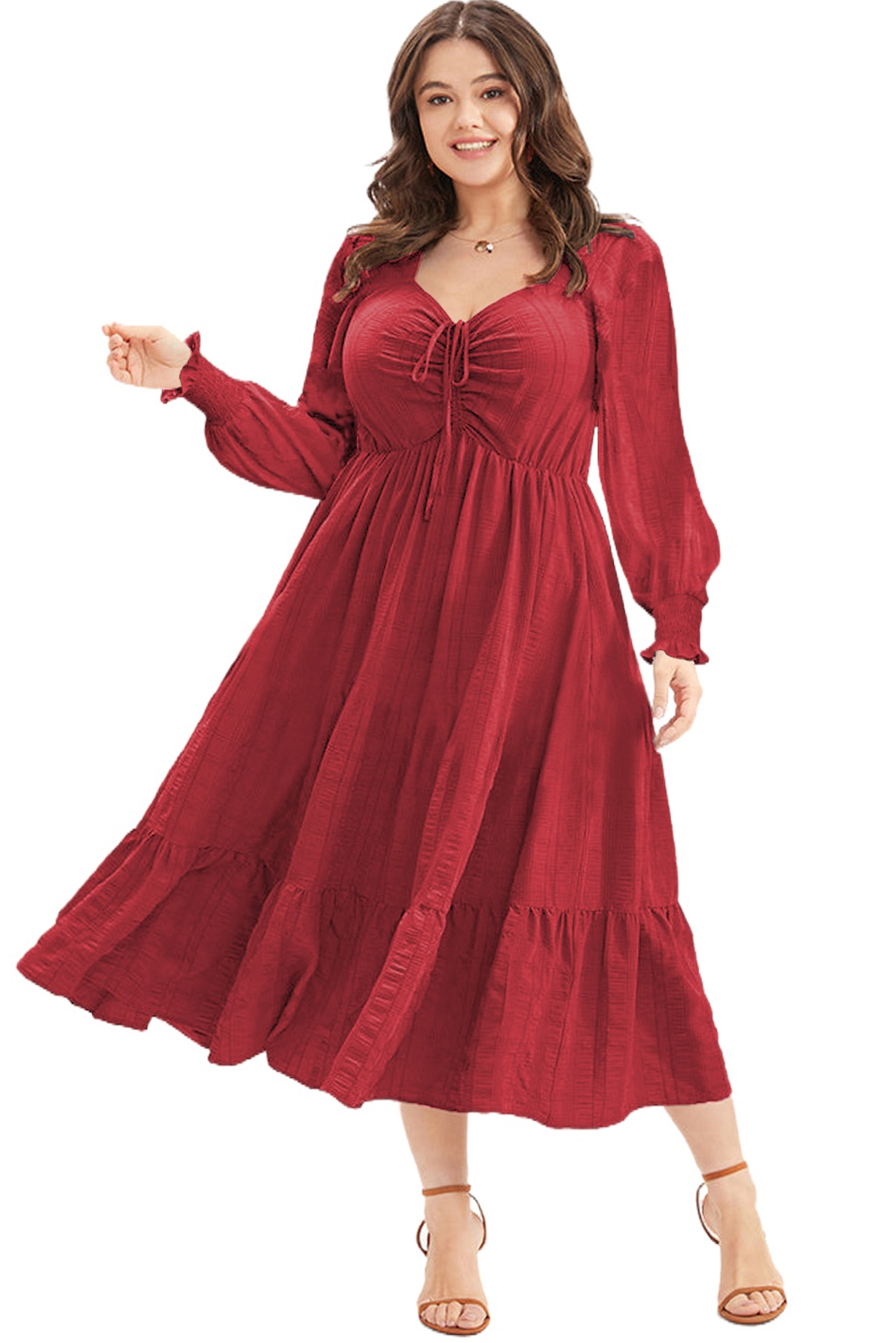 Fiery Red Plus Size Midi Dress with Lace-up Ruched Front and Ruffle Hem - Detail View 21