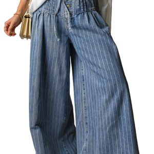 Sky Blue Stripe Casual Wide Leg Jeans for Women – Drawstring Waist, Everyday Comfort