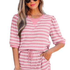 Women's Pink Stripe Puff Sleeve Casual Set – Stylish Short Sleeve T-Shirt & Matching Shorts