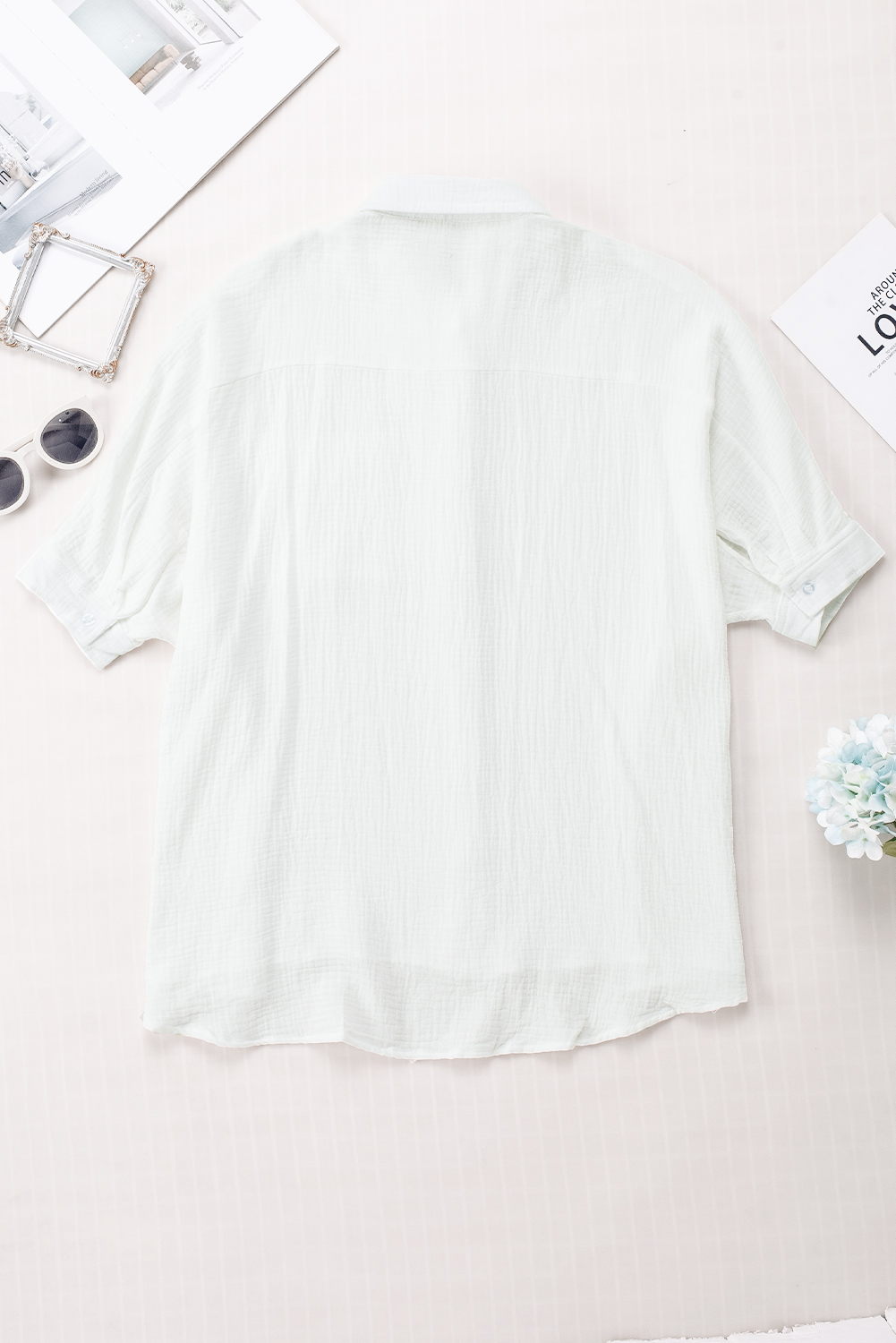 Women's Oversized White Textured Cotton Gauze Shirt with Single Chest Pocket - 3/4 Sleeve Casual Top - Detail View 9