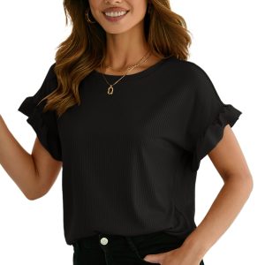 Women's Black Ribbed Ruffled Short Sleeve T-Shirt – Casual Office Essential for Summer