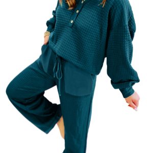 Skobeloff Waffled Textured Raw Edge Patchwork 2-Piece Loose Pant Set for Women - Main View