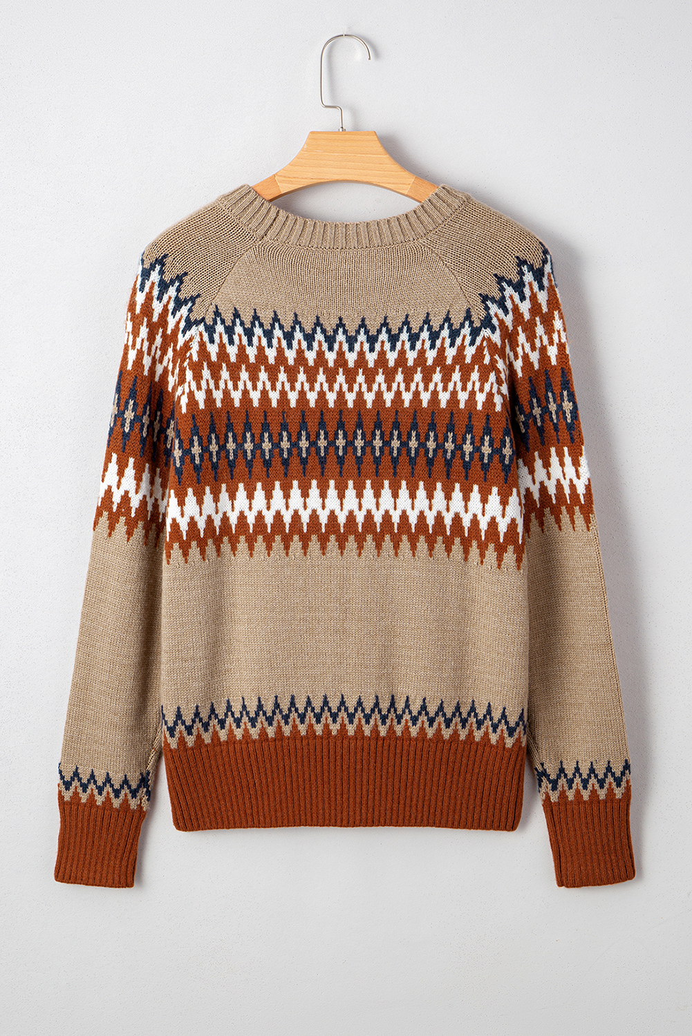 Stylish Long Sleeve Crew Neck Sweater with Western Print - Khaki Colorblock Design - Detail View 6