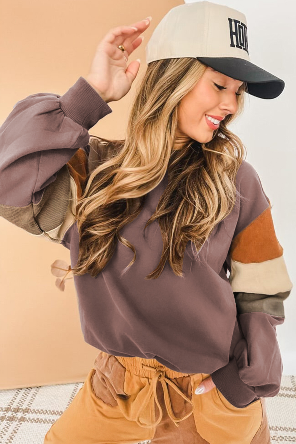 Trendy Long Sleeve Color Block Sweatshirt - Dark Khaki Casual Style - Detail View 2