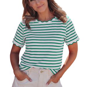 Women's Green Striped Short Sleeve T-Shirt – Scalloped Trim Round Neck Casual Summer Top - Main View
