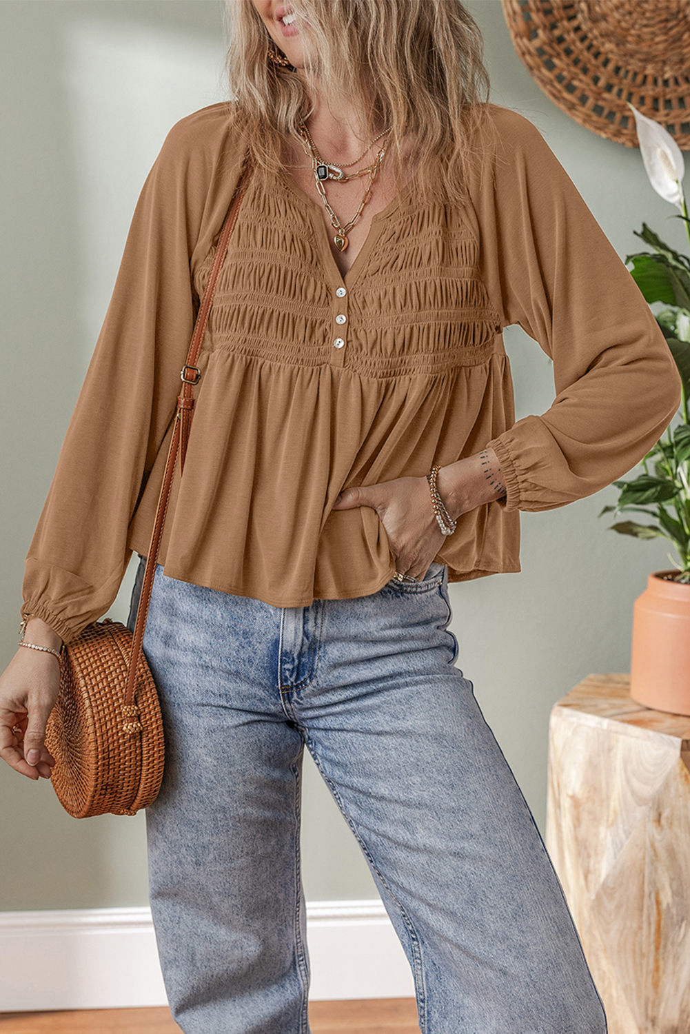 Cinnamon Smocked Bust Blouse: Buttoned Split V Neck Long Sleeve Top - Detail View 5