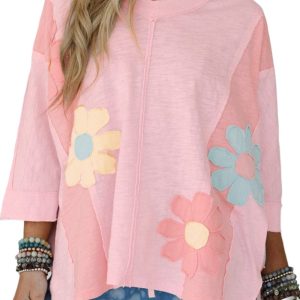 Oversized Pink Flower Patched Exposed Seam Three-Quarter Sleeve T-Shirt for Women - Main View