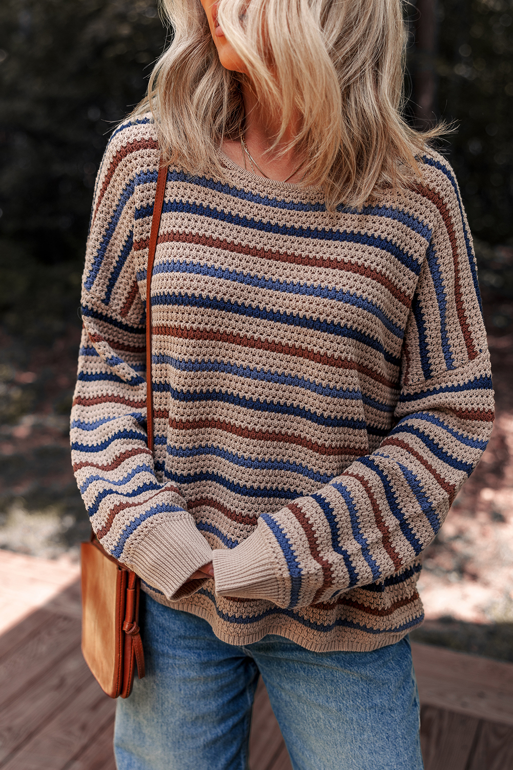 Women's Multicolour Striped Knitted Drop Shoulder Round Neck Sweater for Cozy Comfort - Detail View 9