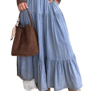 Women's Tiered Ruffle Denim Maxi Skirt – Elastic Waist Flared Long Skirt, Casual Western Style - Main View