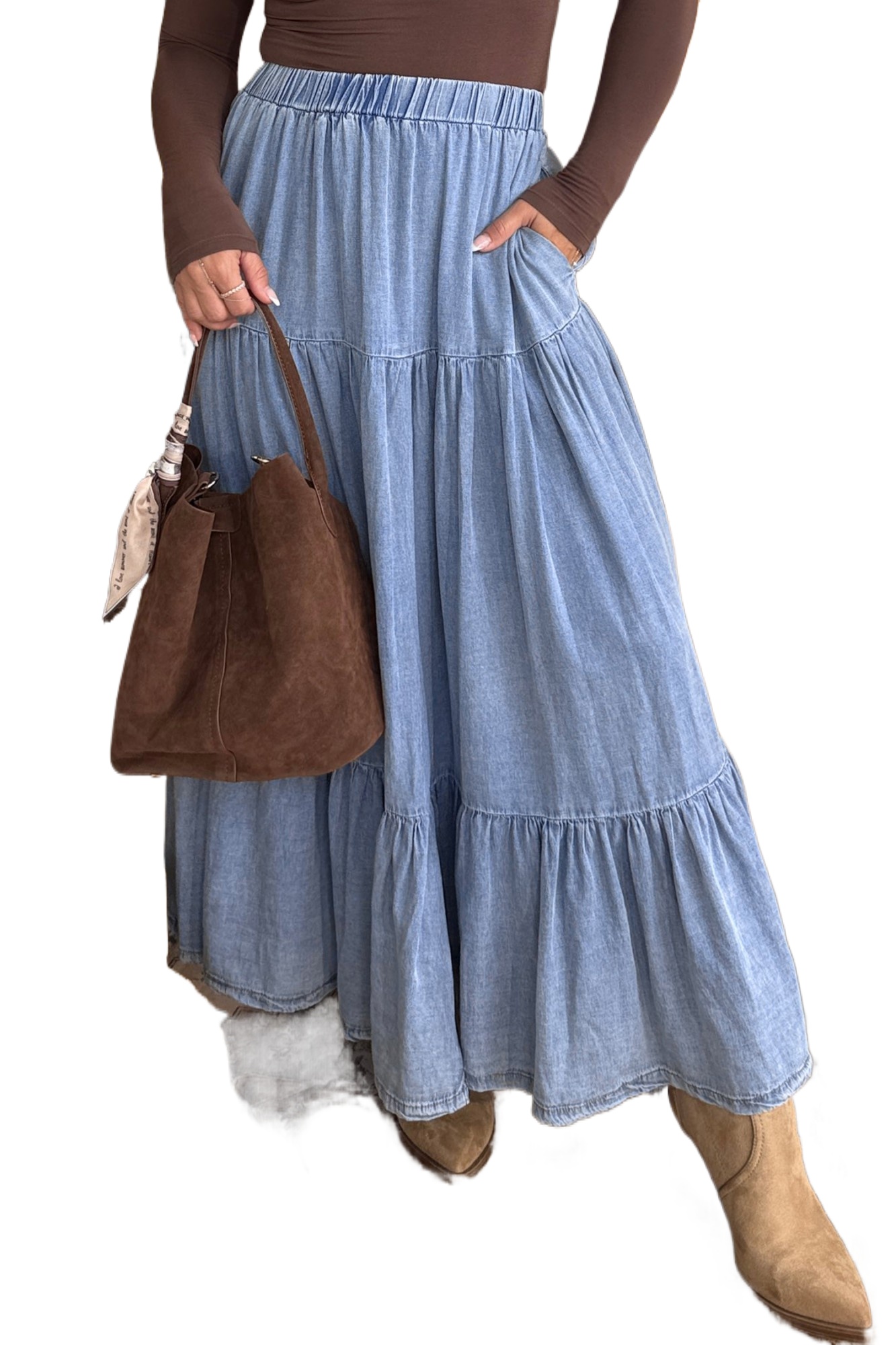 Women's Tiered Ruffle Denim Maxi Skirt – Elastic Waist Flared Long Skirt, Casual Western Style - Main View