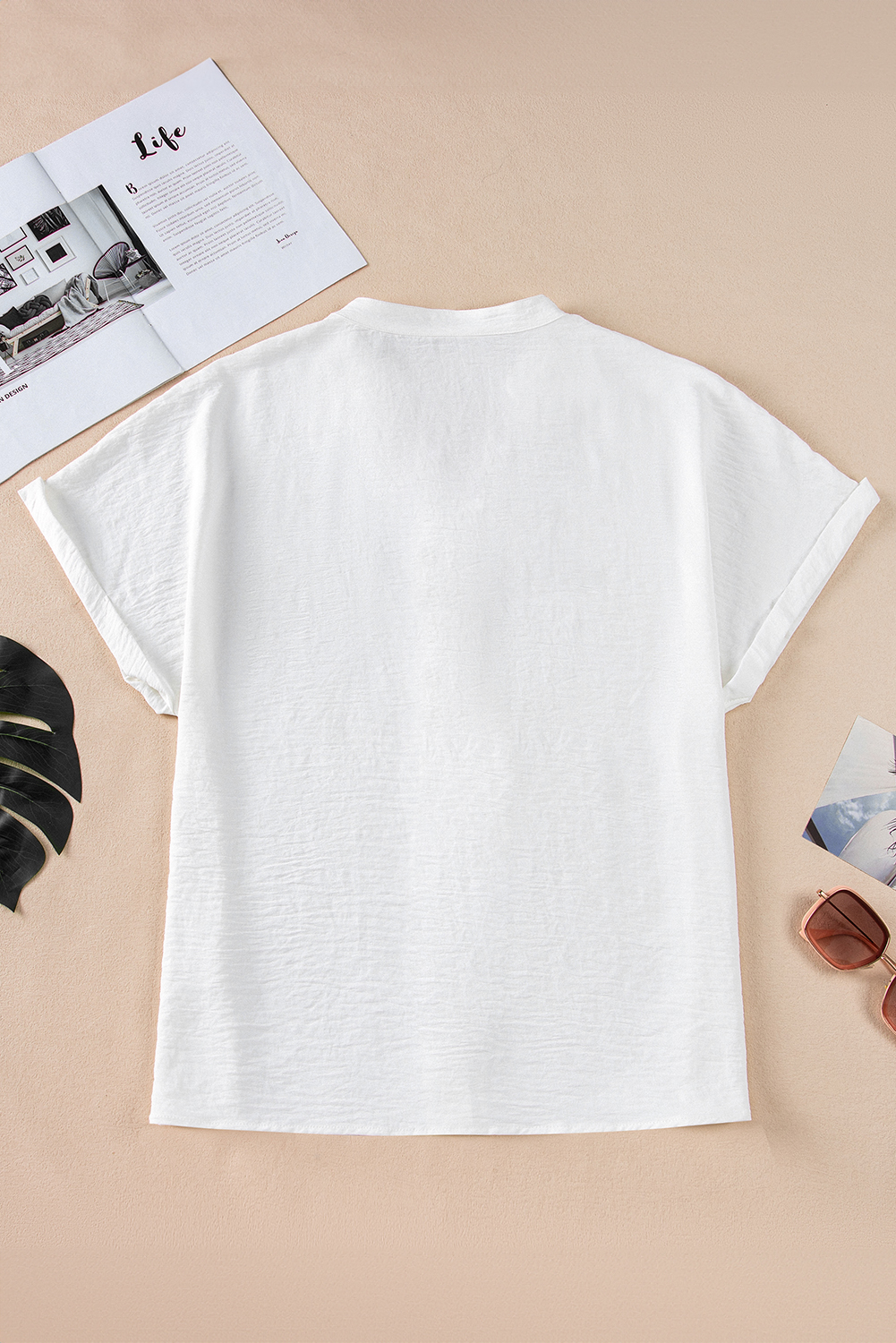 Elegant Women's White Notched Neck Batwing Sleeve Lightweight Blouse for Summer - Detail View 9