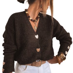 Women's Chicory Coffee V-Neck Cardigan Sweater with Heart Buttons – Elegant Daily Wear for Fall