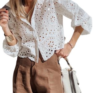 Women's White Eyelet Embroidered Puff Sleeve Crop Shirt – Chic Casual Spring Style