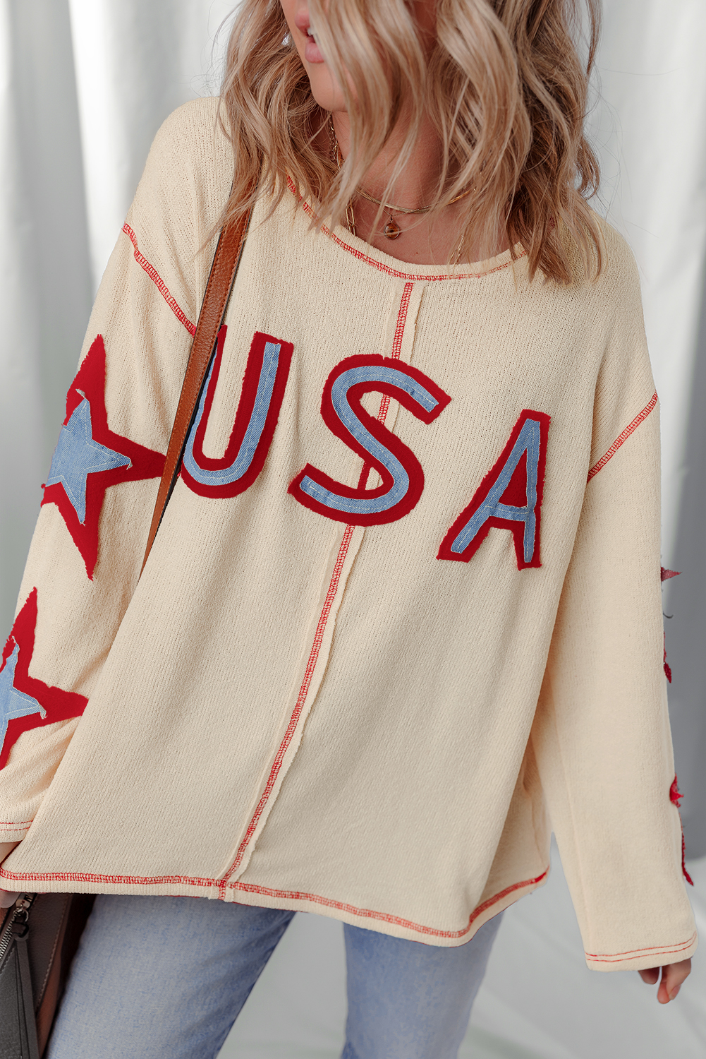 Chic Casual Top for Women: Beige Patchwork Design with USA Graphic and Exposed Seams - Detail View 6