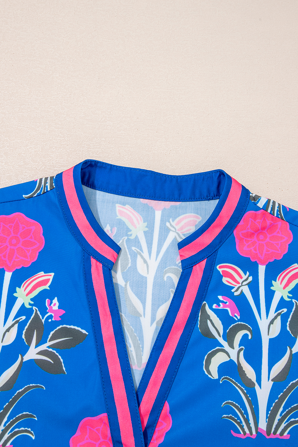 Casual Long Sleeve Blouse - Floral Pattern with Asymmetrical Neckline - Detail View 6