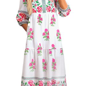 Elegant White Floral Print Half Button Mandarin Neck 3/4 Sleeve Maxi Dress for Women - Main View