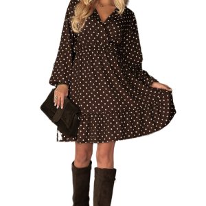 Chicory Coffee Polka Dot Mini Dress for Women – Long Sleeve V Neck Ruffle Hem for Daily Elegance