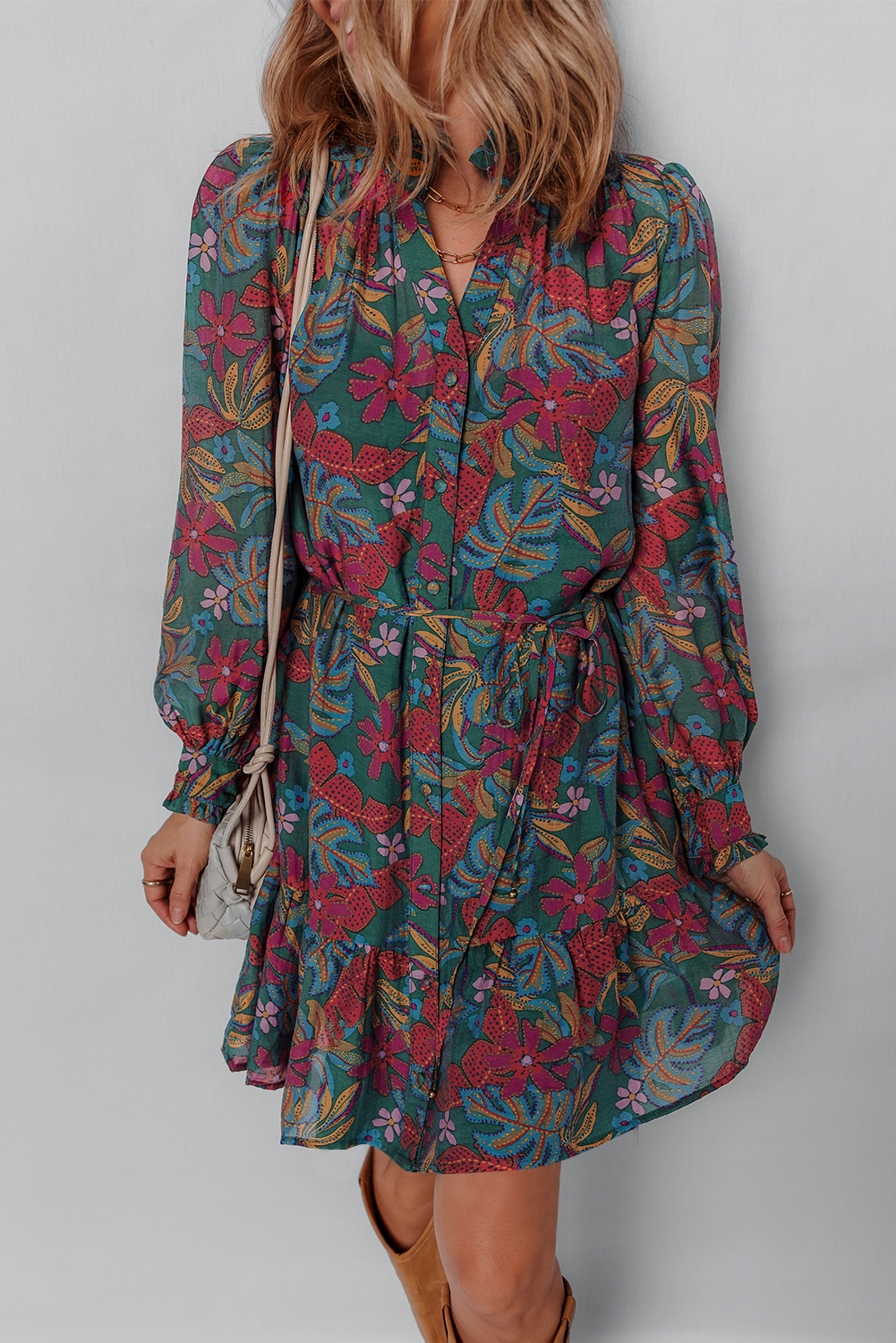 Trendy V Neck Floral Shirt Dress for Women - Perfect for Spring & Daily Wear - Detail View 3