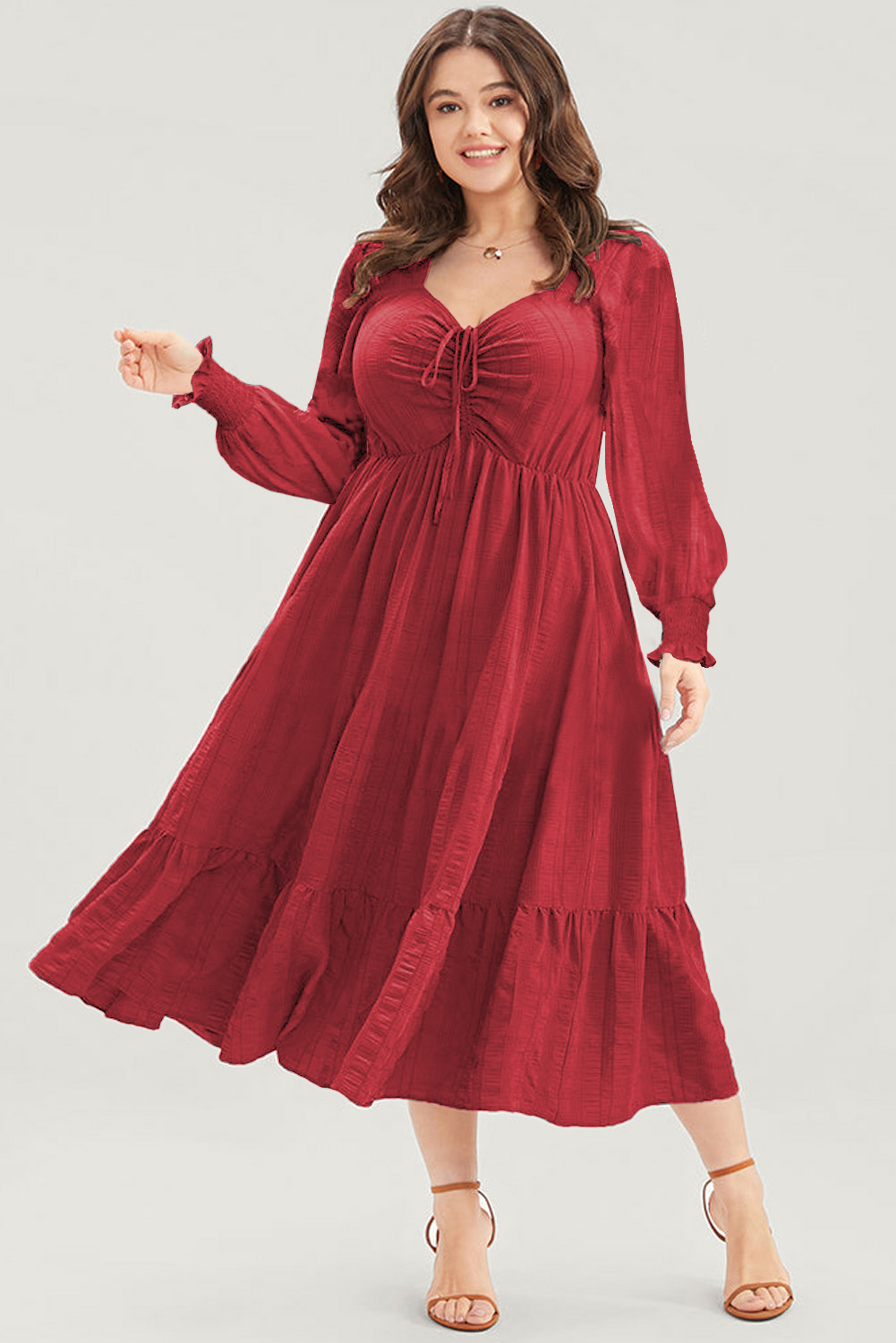 Fiery Red Plus Size Midi Dress with Lace-up Ruched Front and Ruffle Hem - Detail View 9